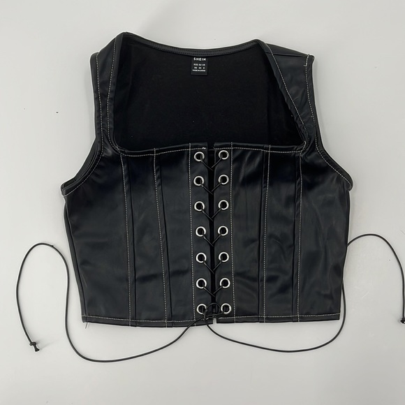 black Vegan Leather Cropped Tank Corset Lace Up Top Overstitching - Picture 5 of 6